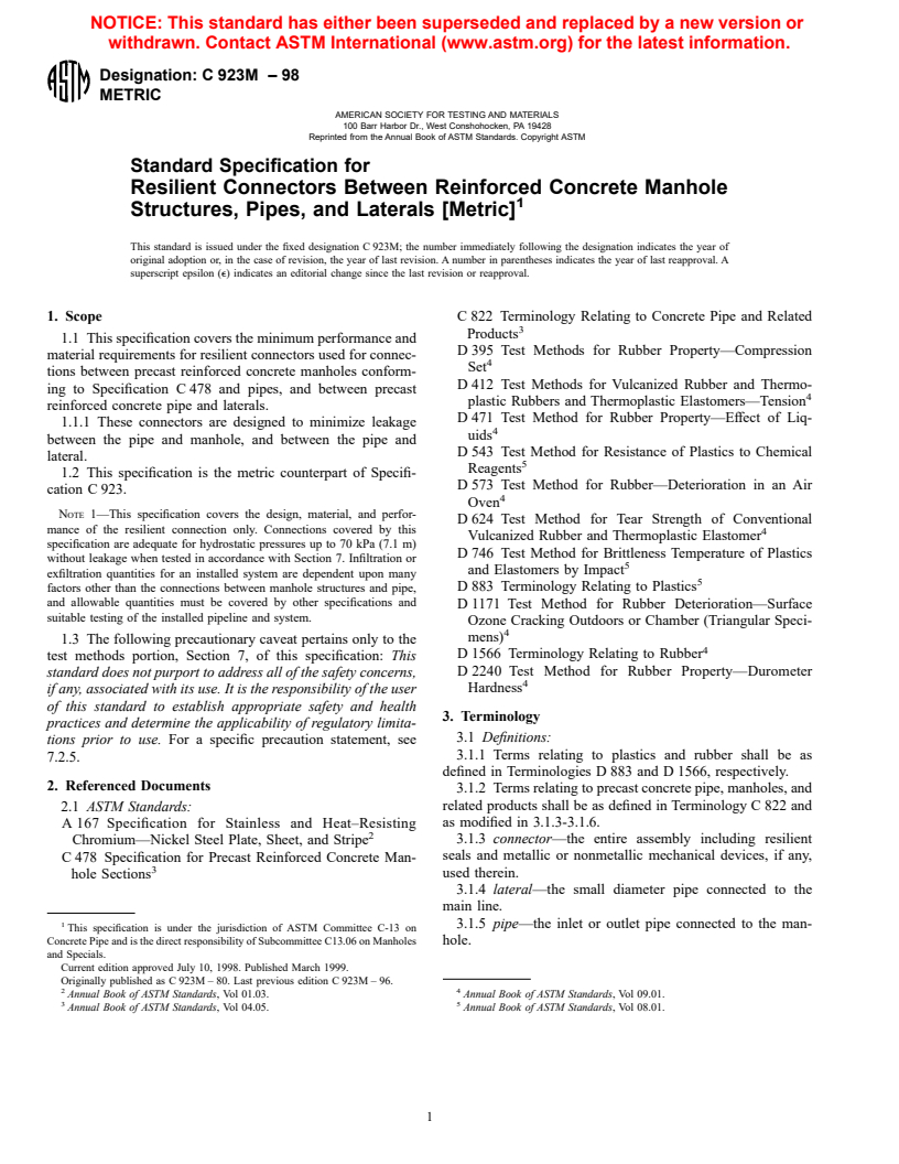 ASTM C923M-98 - Standard Specification for Resilient Connectors Between Reinforced Concrete Manhole Structures, Pipes, and Laterals (Metric)