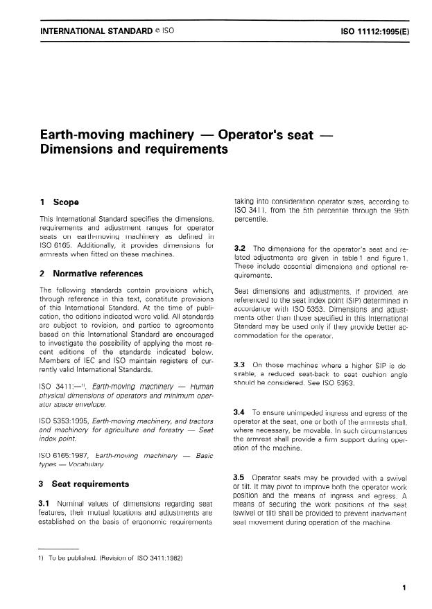 ISO 11112:1995 - Earth-moving machinery -- Operator's seat -- Dimensions and requirements
