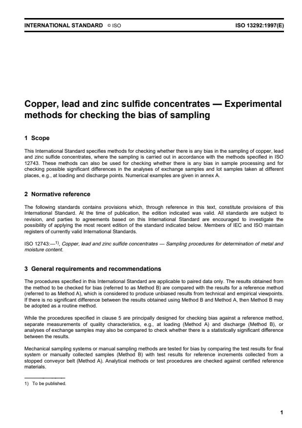 ISO 13292:1997 - Copper, lead and zinc sulfide concentrates -- Experimental methods for checking the bias of sampling