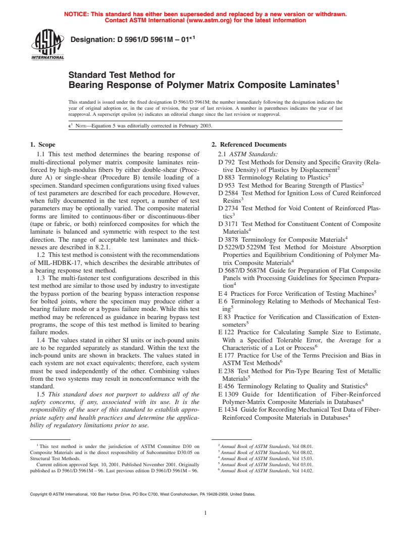 ASTM D5961/D5961M-01e1 - Standard Test Method for Bearing Response of Polymer Matrix Composite Laminates