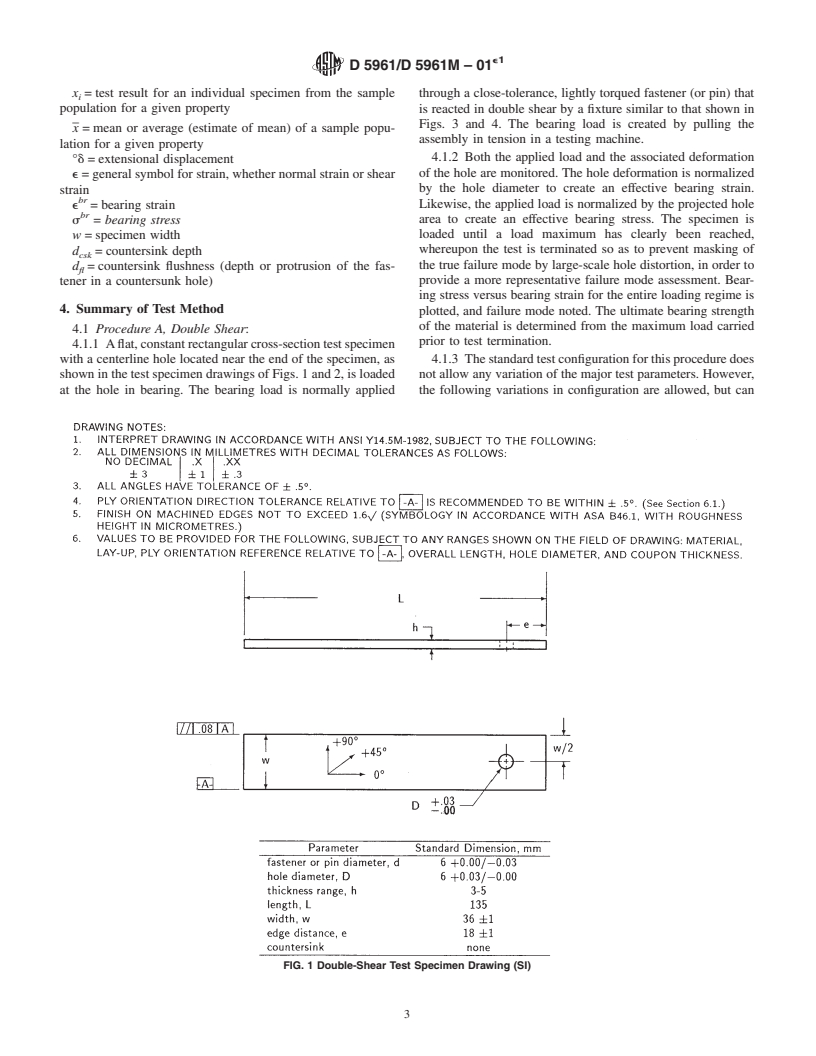 ASTM D5961/D5961M-01e1 - Standard Test Method for Bearing Response of Polymer Matrix Composite Laminates