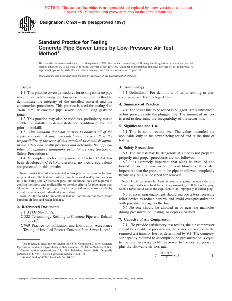 ASTM C924-89(1997) - Standard Practice for Testing Concrete Pipe Sewer Lines by Low-Pressure Air Test Method