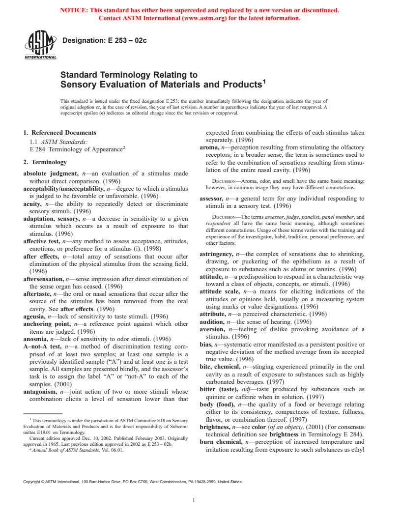 ASTM E253-02c - Standard Terminology Relating to Sensory Evaluation of Materials and Products