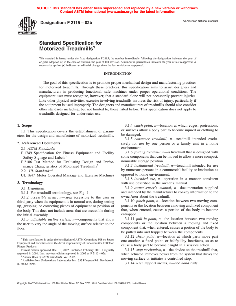 ASTM F2115-02b - Standard Specification for Motorized Treadmills