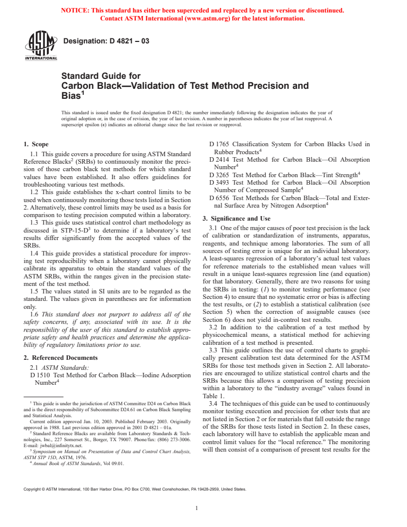 ASTM D4821-03 - Standard Guide for Carbon Black&#8212;Validation of Test Method Precision and Bias