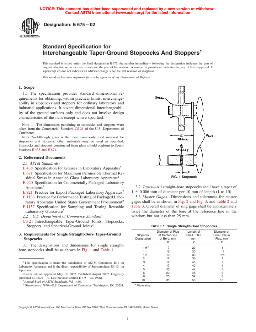 ASTM E675-02 - Standard Specification for Interchangeable Taper-Ground Stopcocks And Stoppers