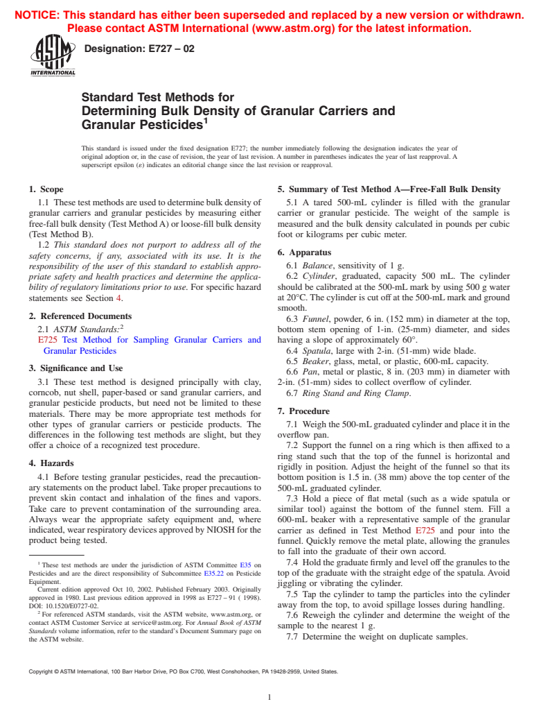 ASTM E727-02 - Standard Test Methods for Determining Bulk Density of Granular Carriers and Granular Pesticides