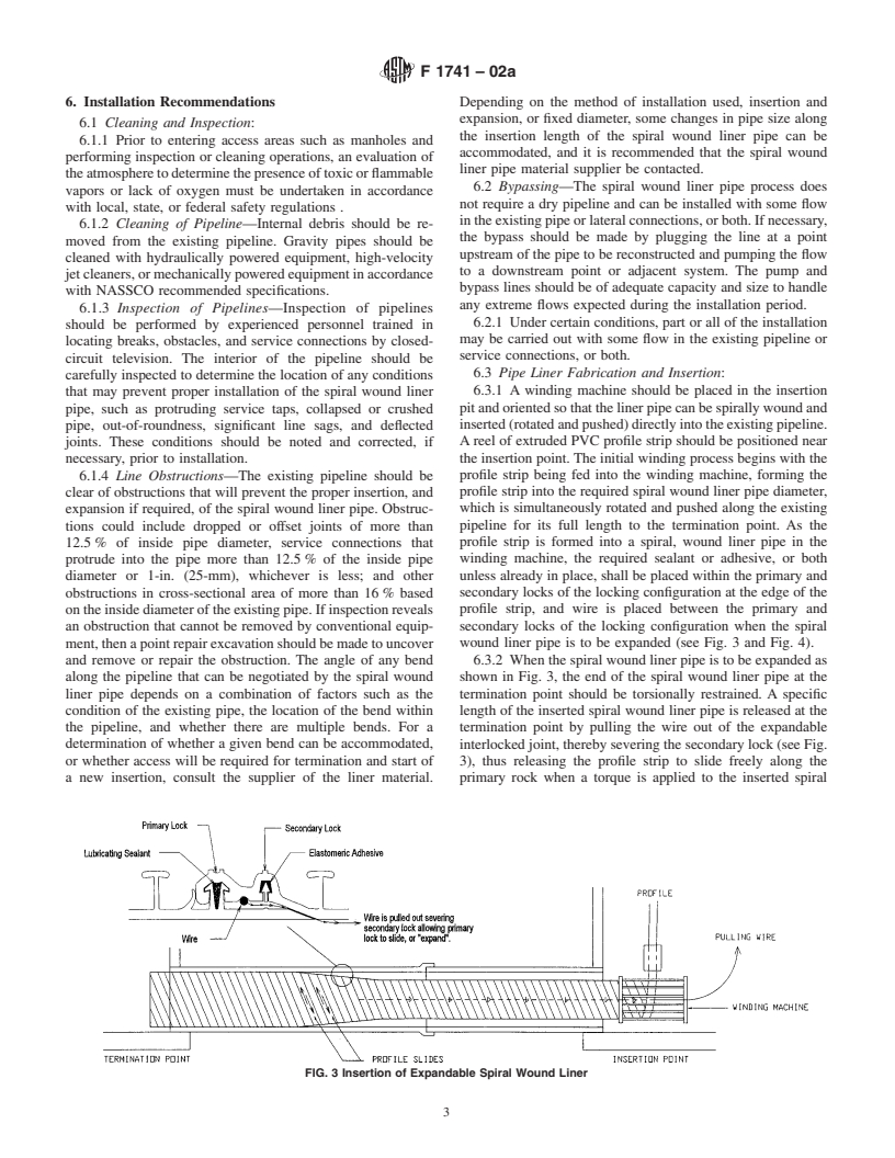 ASTM F1741-02a - Standard Practice for Installation of Machine Spiral Wound Poly (Vinyl Chloride) (PVC) Liner Pipe for Rehabilitation of Existing Sewers and Conduits