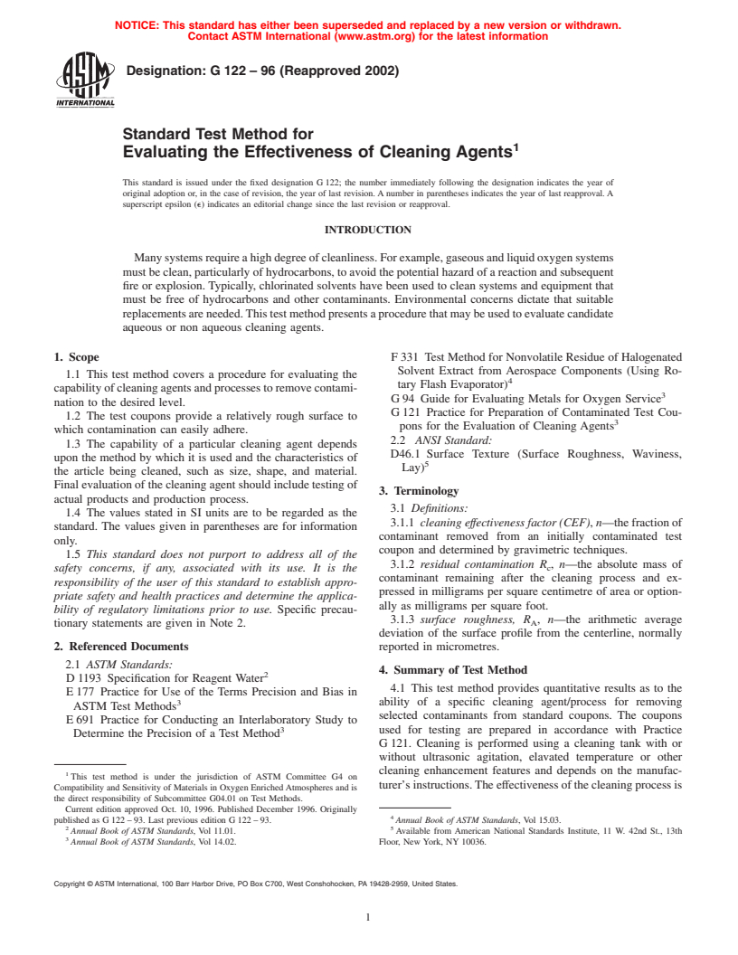 ASTM G122-96(2002) - Standard Test Method for Evaluating the Effectiveness of Cleaning Agents