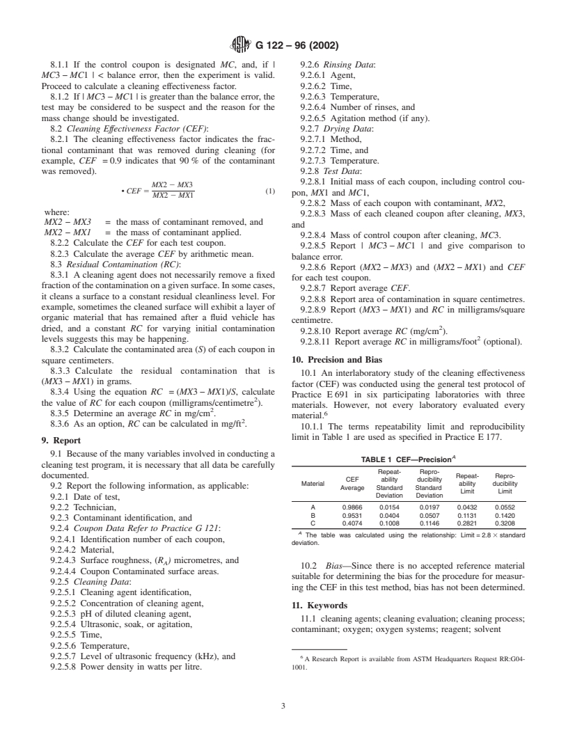 ASTM G122-96(2002) - Standard Test Method for Evaluating the Effectiveness of Cleaning Agents