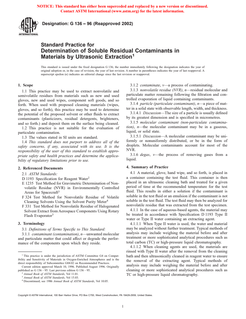 ASTM G136-96(2002) - Standard Practice for Determination of Soluble Residual Contaminants in Materials by Ultrasonic Extraction