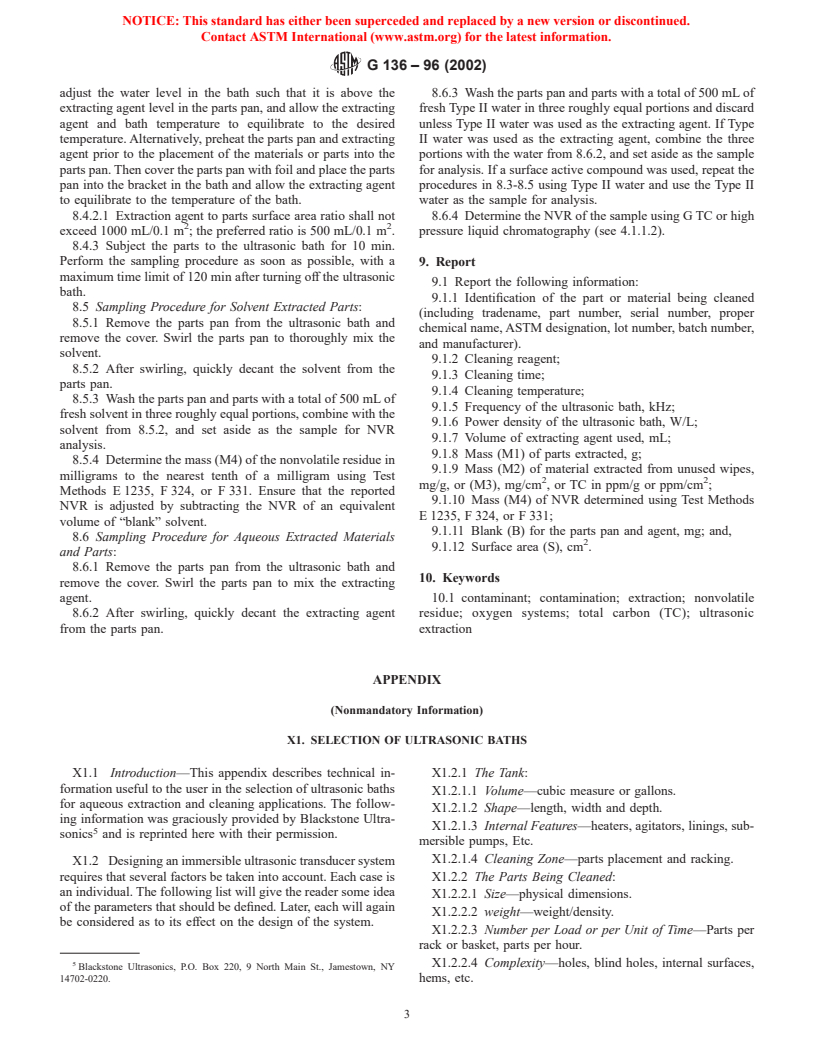 ASTM G136-96(2002) - Standard Practice for Determination of Soluble Residual Contaminants in Materials by Ultrasonic Extraction