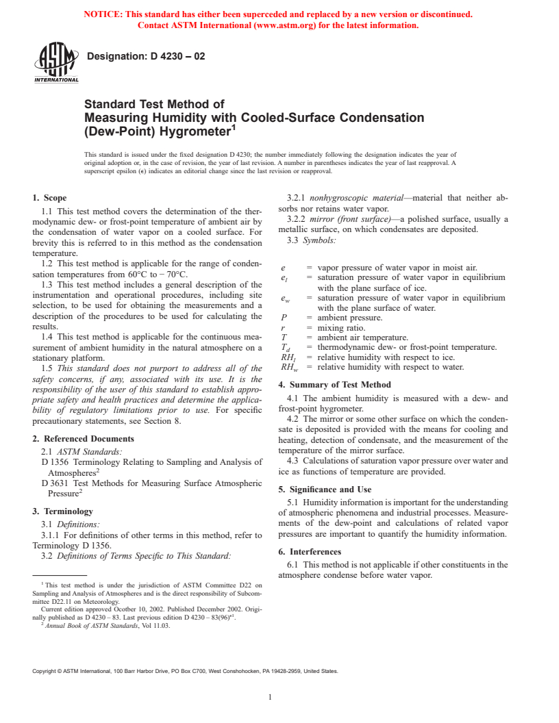 ASTM D4230-02 - Standard Test Method of Measuring Humidity with Cooled-Surface Condensation (Dew-Point) Hygrometer