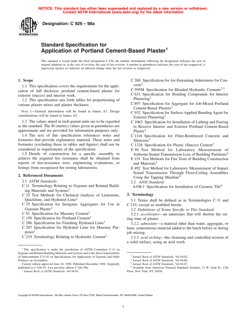 ASTM C926-98a - Standard Specification for Application of Portland Cement-Based Plaster