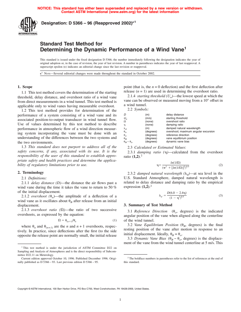 ASTM D5366-96(2002)e01 - Standard Test Method for Determining the Dynamic Performance of a Wind Vane