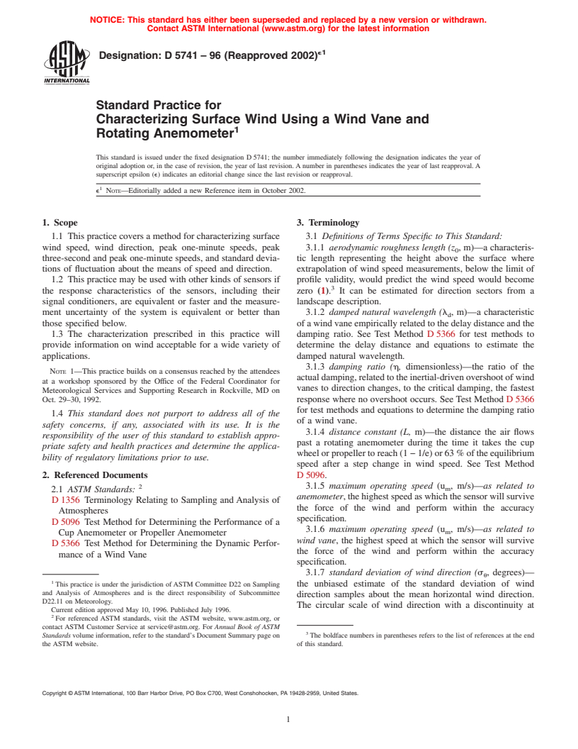 ASTM D5741-96(2002)e1 - Standard Practice for Characterizing Surface Wind Using a Wind Vane and Rotating Anemometer