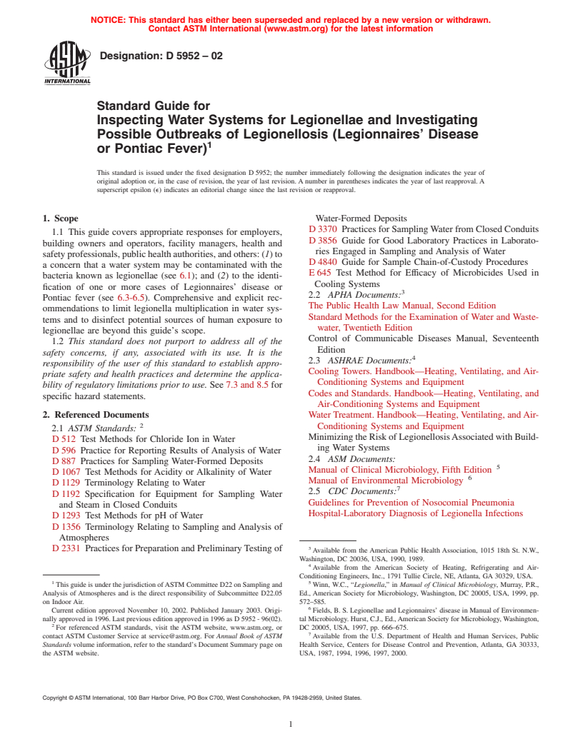 ASTM D5952-02 - Standard Guide for Inspecting Water Systems for Legionellae and Investigating Possible Outbreaks of Legionellosis (Legionnaires' Disease or Pontiac Fever)