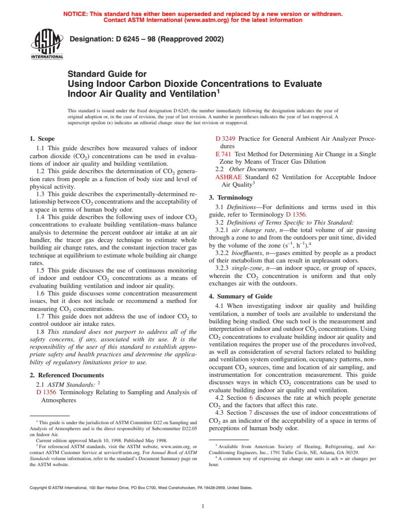 ASTM D6245-98(2002) - Standard Guide for Using Indoor Carbon Dioxide Concentrations to Evaluate Indoor Air Quality and Ventilation