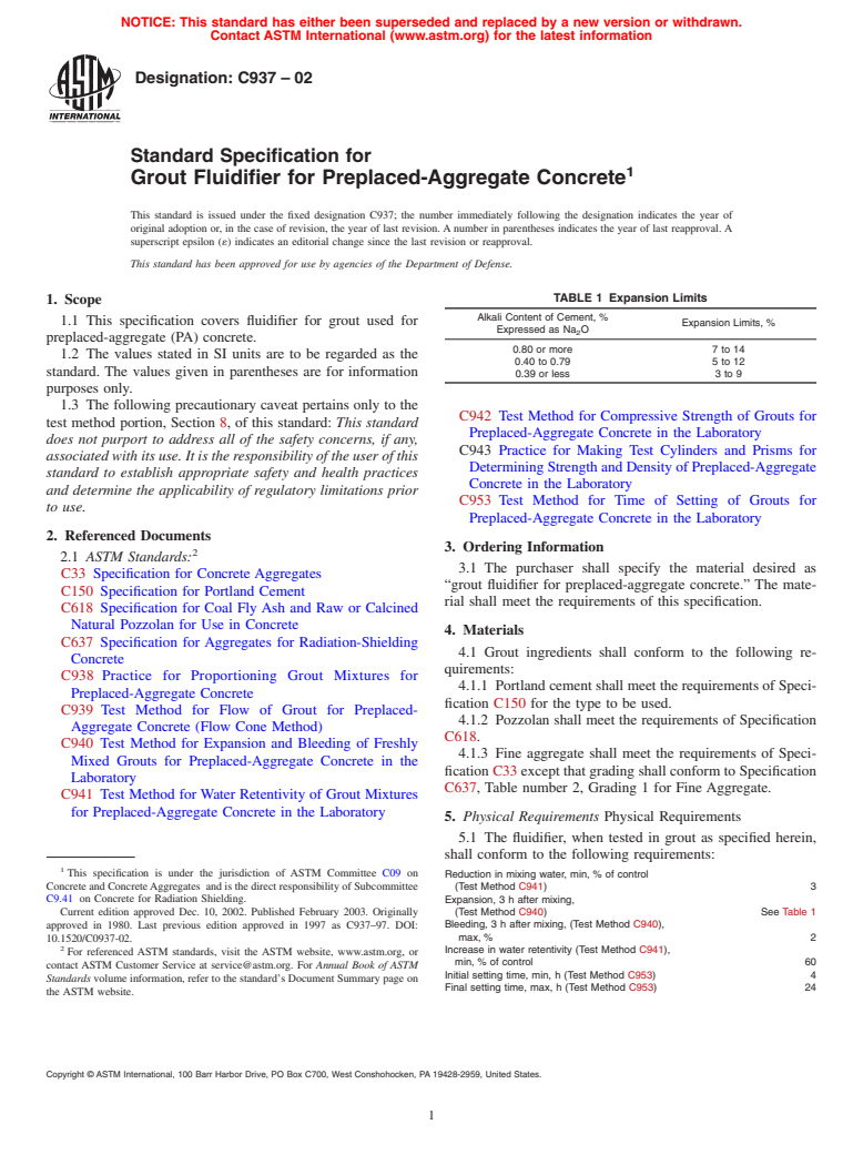 ASTM C937-02 - Standard Specification for Grout Fluidifier for Preplaced-Aggregate Concrete