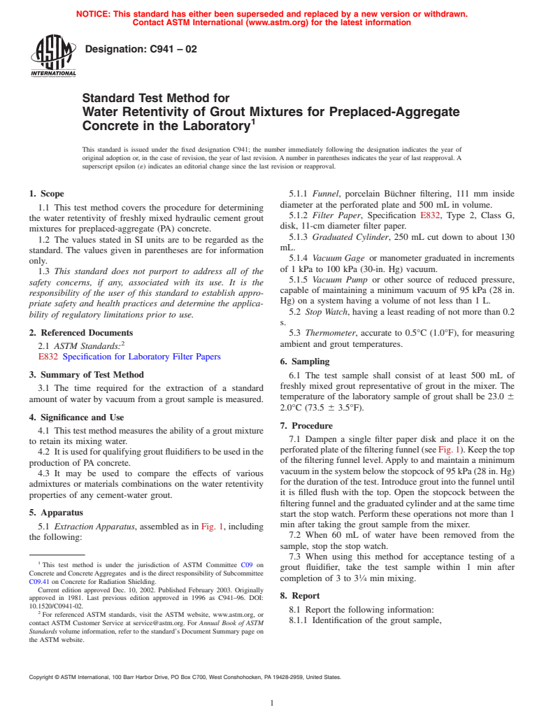 ASTM C941-02 - Standard Test Method for Water Retentivity of Grout Mixtures for Preplaced-Aggregate Concrete in the Laboratory