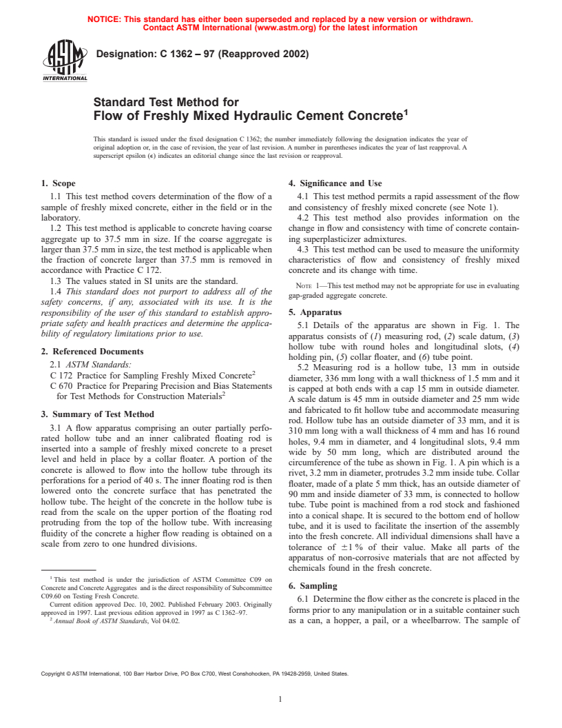 ASTM C1362-97(2002) - Standard Test Method for Flow of Freshly Mixed Hydraulic Cement Concrete