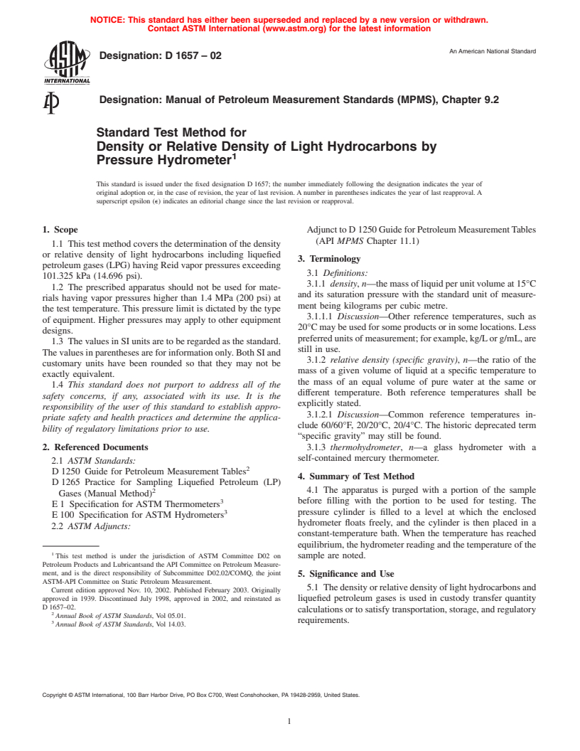 ASTM D1657-02 - Standard Test Method for Density or Relative Density of Light Hydrocarbons by Pressure Hydrometer