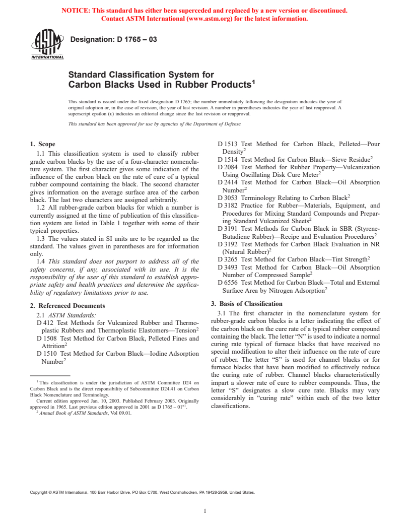 ASTM D1765-03 - Standard Classification System for Carbon Blacks Used in Rubber Products