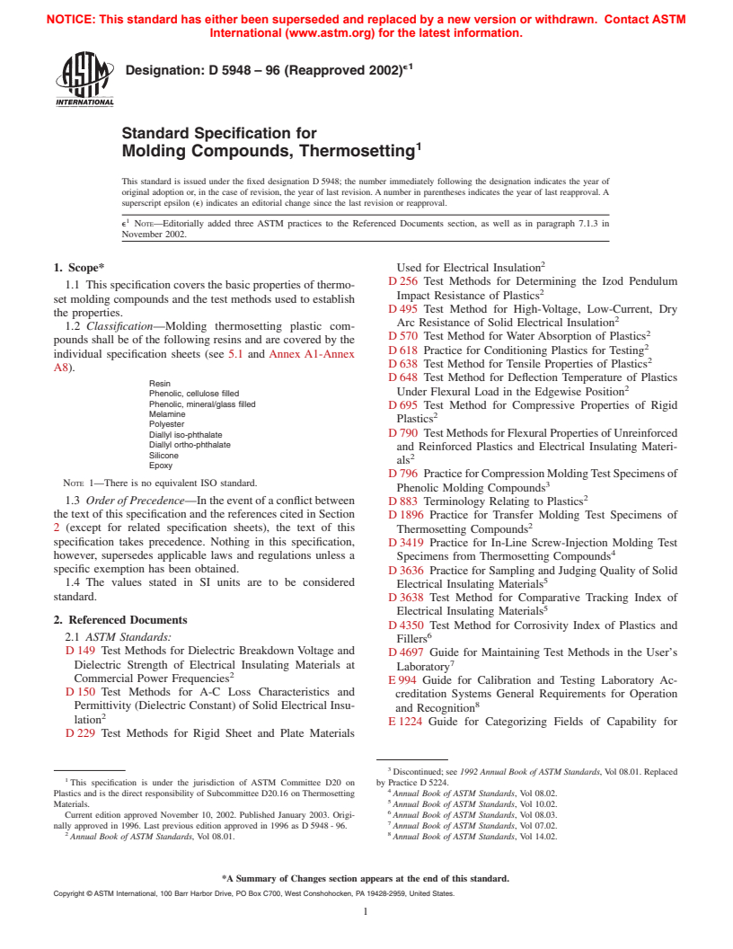 ASTM D5948-96(2002)e1 - Standard Specification for Molding Compounds, Thermosetting