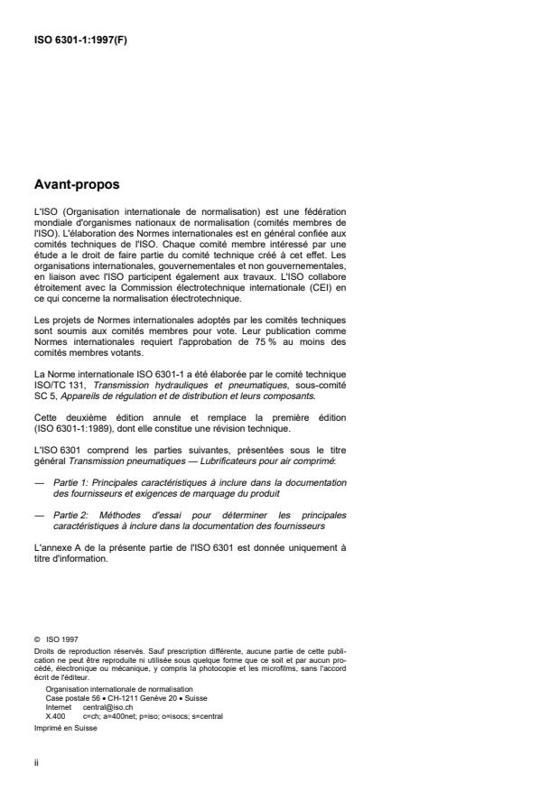 ISO 6301-1:1997 ISO 6301-1:1997 - Transmissions pneumatiques -- Lubrificateurs pour air comprimé - Page 2 preview