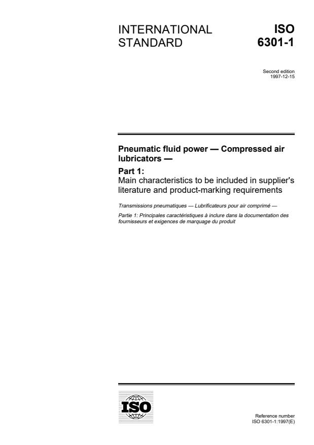 ISO 6301-1:1997 - Pneumatic fluid power -- Compressed-air lubricators