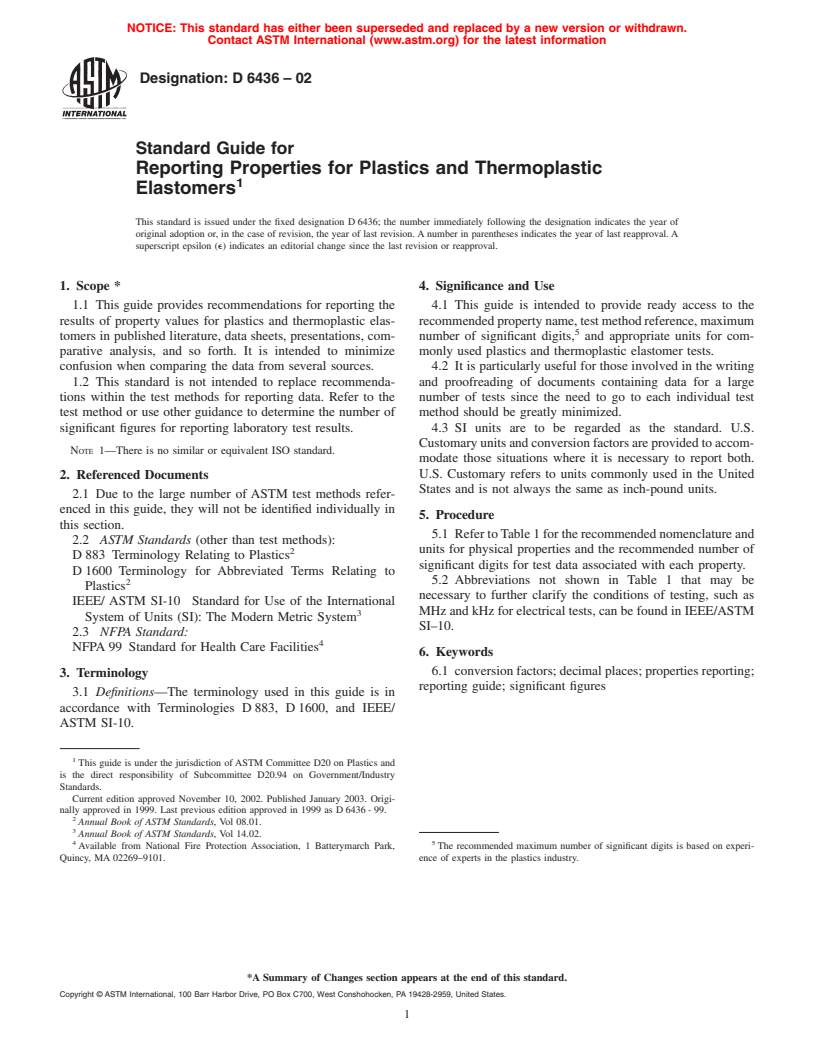 ASTM D6436-02 - Standard Guide for Reporting Properties for Plastics and Thermoplastic Elastomers