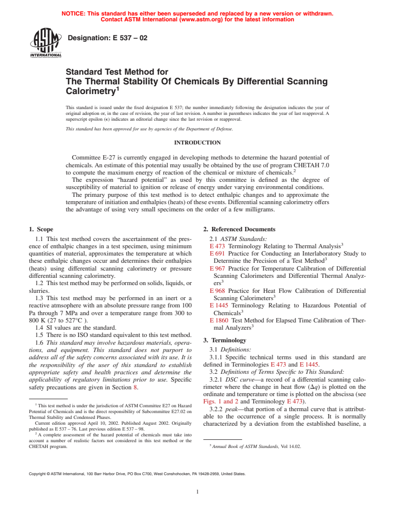 ASTM E537-02 - Standard Test Method for The Thermal Stability Of Chemicals By Differential Scanning Calorimetry