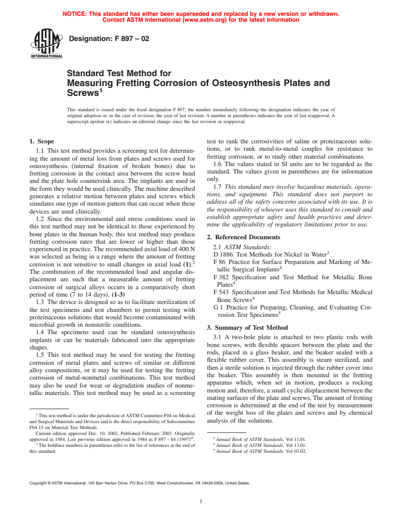 ASTM F897-02 - Standard Test Method for Measuring Fretting Corrosion of Osteosynthesis Plates and Screws