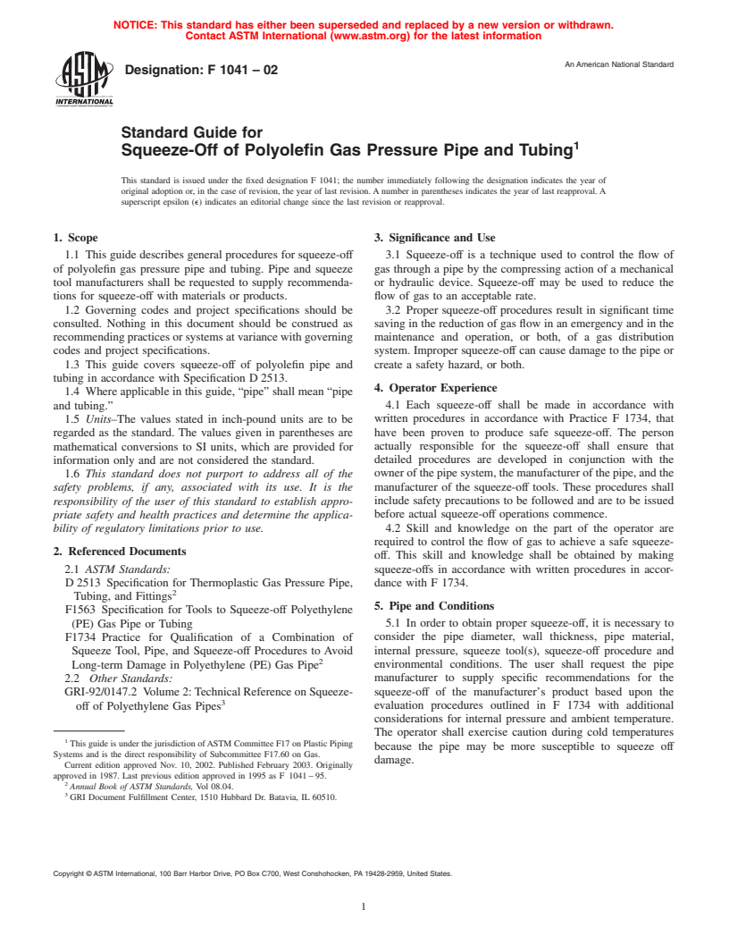 ASTM F1041-02 - Standard Guide for Squeeze-Off of Polyolefin Gas Pressure Pipe and Tubing