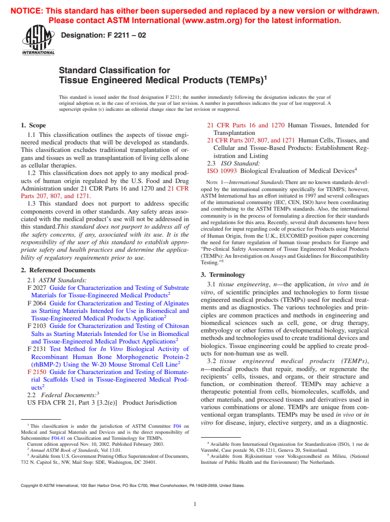 ASTM F2211-02 - Standard Classification for Tissue Engineered Medical Products (TEMPs)