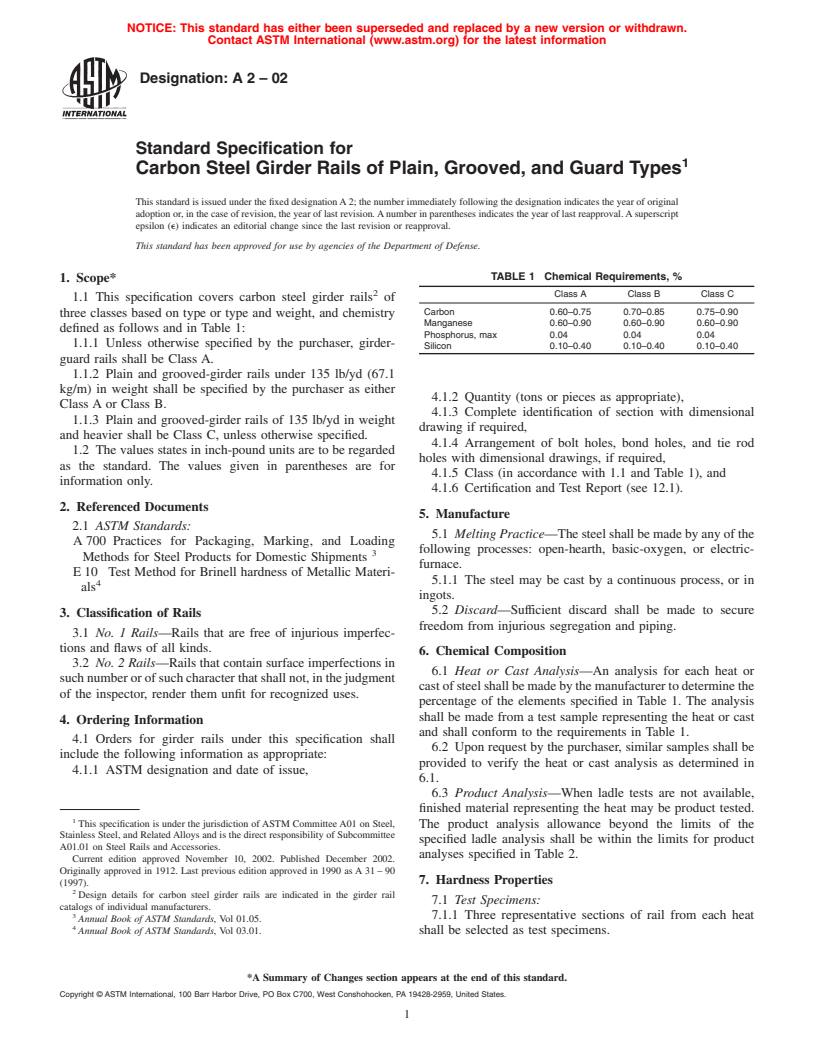 ASTM A2-02 - Standard Specification for Carbon Steel Girder Rails of Plain, Grooved, and Guard Types