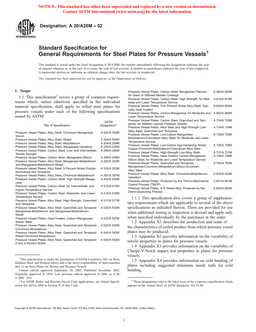 ASTM A20/A20M-02 - Standard Specification for General Requirements for Steel Plates for Pressure Vessels