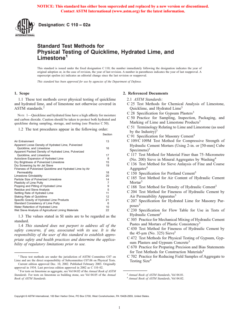 ASTM C110-02a - Standard Test Methods for Physical Testing of Quicklime, Hydrated Lime, and Limestone