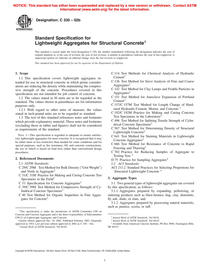 ASTM C330-02b - Standard Specification for Lightweight Aggregates for Structural Concrete