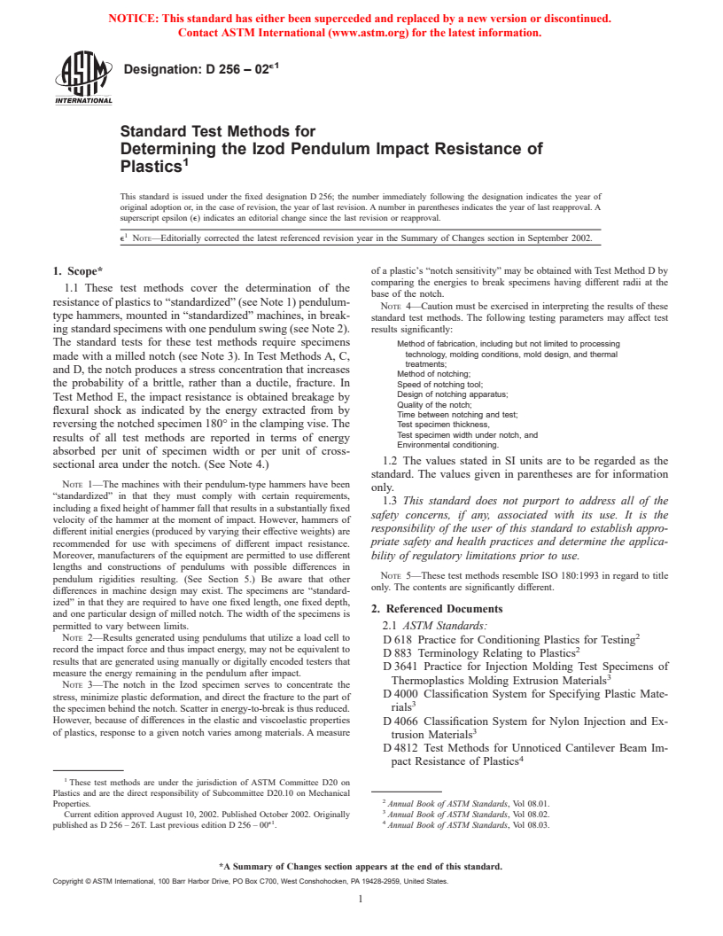 ASTM D256-02e1 - Standard Test Methods for Determining the Izod Pendulum Impact Resistance of Plastics