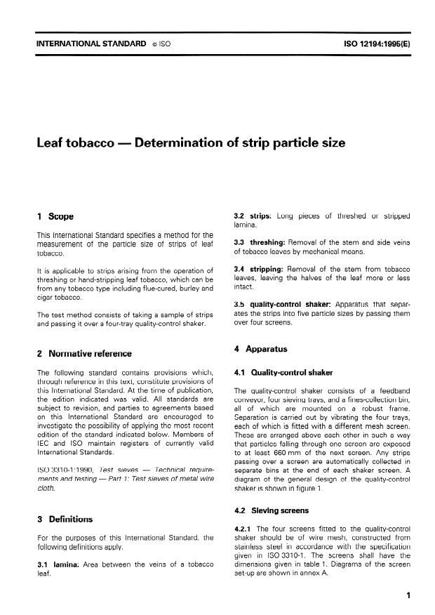ISO 12194:1995 - Leaf tobacco -- Determination of strip particle size