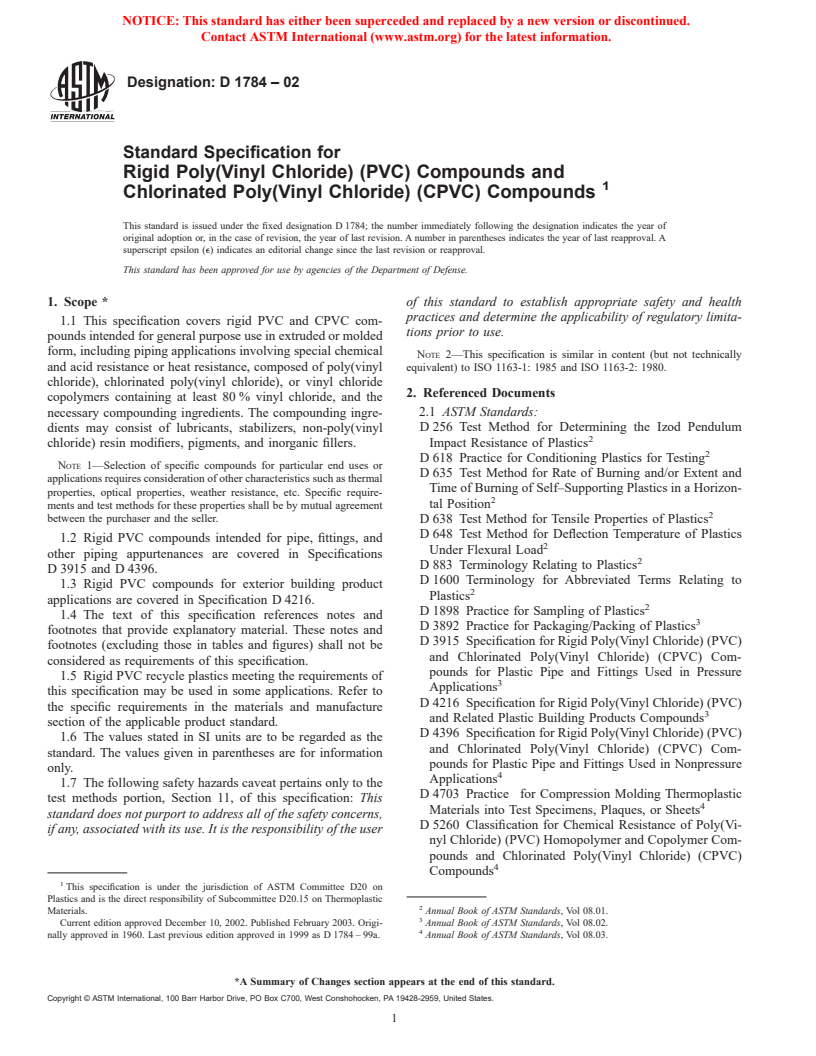 ASTM D1784-02 - Standard Specification for Rigid Poly(Vinyl Chloride) (PVC) Compounds and Chlorinated Poly(Vinyl Chloride) (CPVC) Compounds