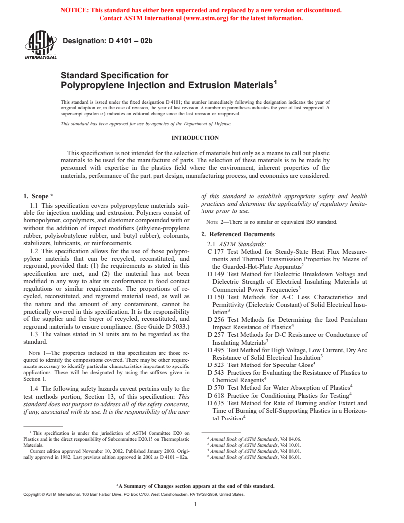 ASTM D4101-02b - Standard Specification for Polypropylene Injection and Extrusion Materials