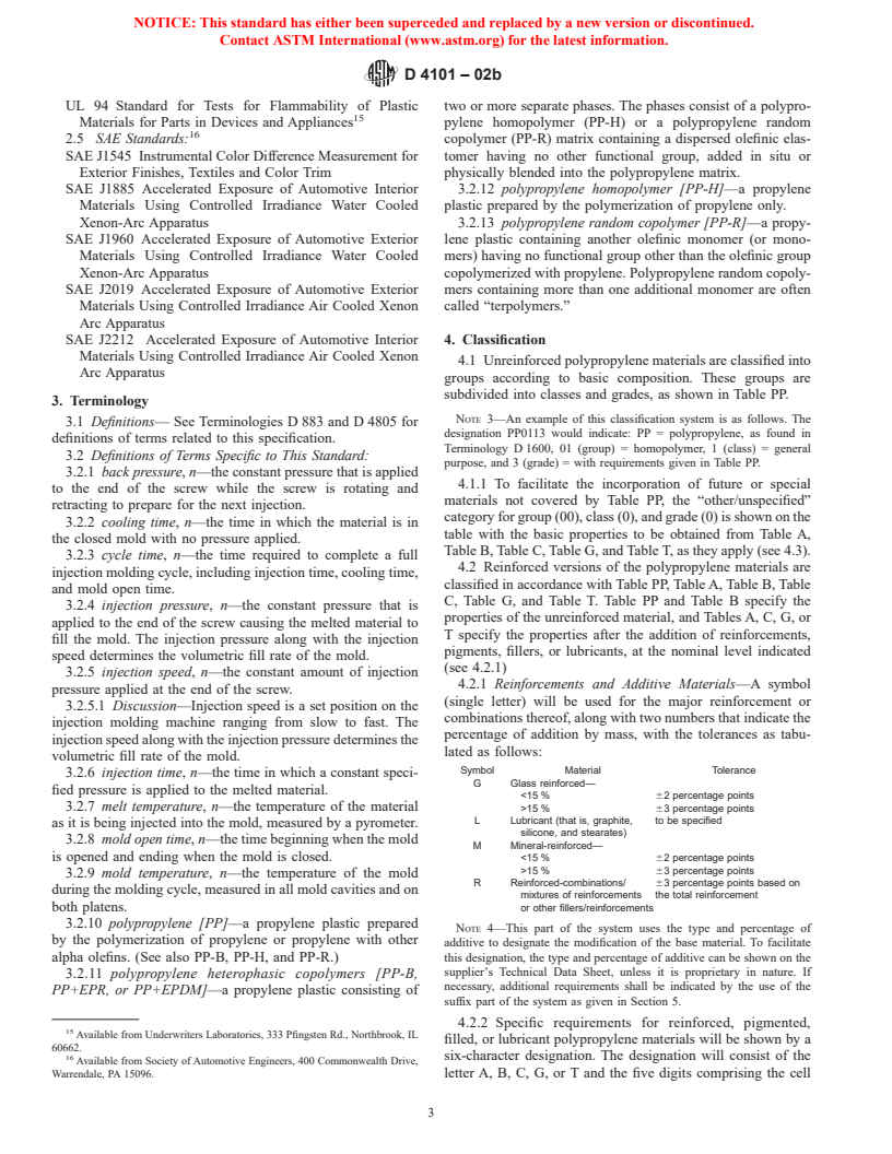 ASTM D4101-02b - Standard Specification for Polypropylene Injection and Extrusion Materials