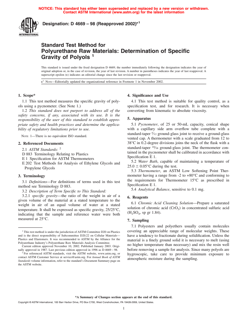 ASTM D4669-98(2002)e1 - Standard Test Method for Polyurethane Raw Materials: Determination of Specific Gravity of Polyols