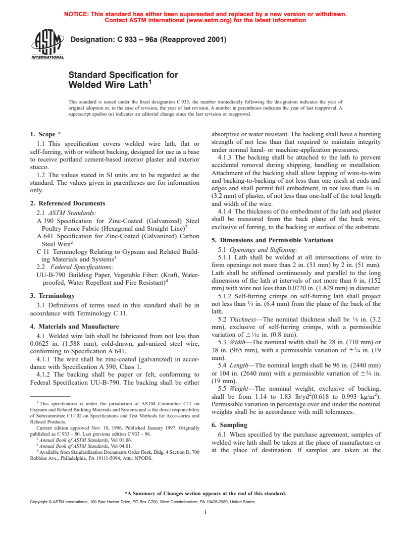 ASTM C933-96a(2001) - Standard Specification for Welded Wire Lath