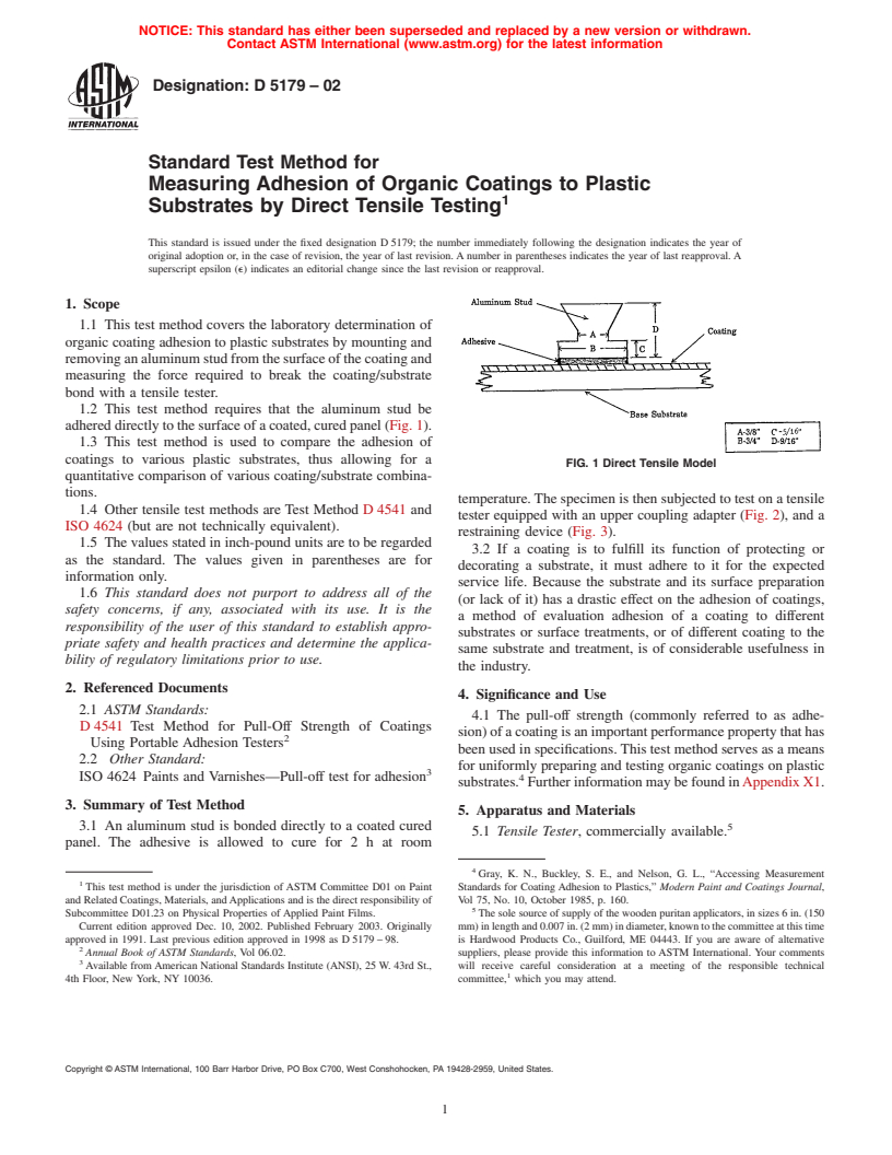 ASTM D5179-02 - Standard Test Method for Measuring Adhesion of Organic Coatings to Plastic Substrates by Direct Tensile Testing