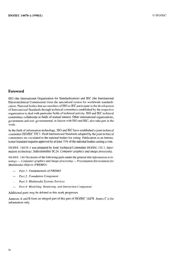 ISO/IEC 14478-1:1998 ISO/IEC 14478-1:1998 - Information technology -- Computer graphics and image processing -- Presentation Environment for Multimedia Objects (PREMO) - Page 4 preview