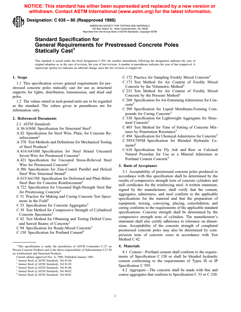 ASTM C935-80(1995) - Standard Specification for General Requirements for Prestressed Concrete Poles Statically Cast