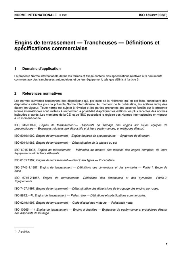 ISO 13539:1998 - Engins de terrassement -- Trancheuses -- Définitions et spécifications commerciales